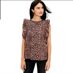Loft Leopard Print Top Cutout Back Ruffles 100% Cotton Size M